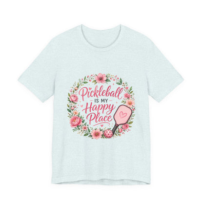 Pickleball Is My Happy Place T-Shirt — Floral Pink Paddle Tee