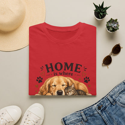 T-Shirt — "Home is where someone is waiting for you with paws" Cute Golden Retriever Dog & Cat Cozy Tee
