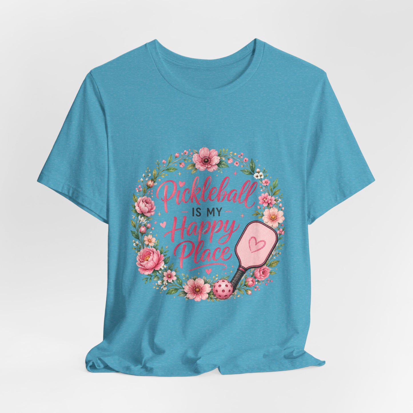 Pickleball Is My Happy Place T-Shirt — Floral Pink Paddle Tee