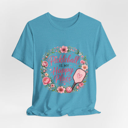 Pickleball Is My Happy Place T-Shirt — Floral Pink Paddle Tee