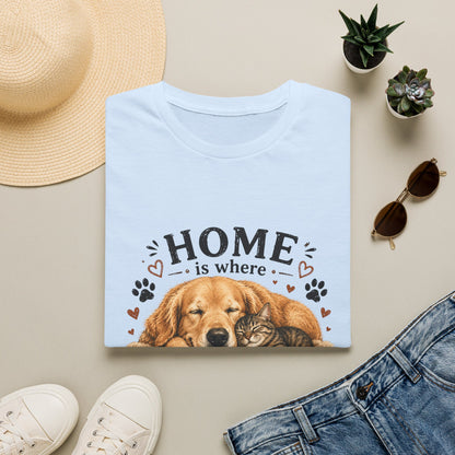 T-Shirt — "Home is where someone is waiting for you with paws" Cute Golden Retriever Dog & Cat Cozy Tee