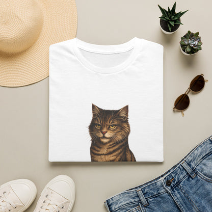 Grumpy Cat Portrait Funny T-Shirt— Realistic Brown Striped Cat Tee for Cat Lovers