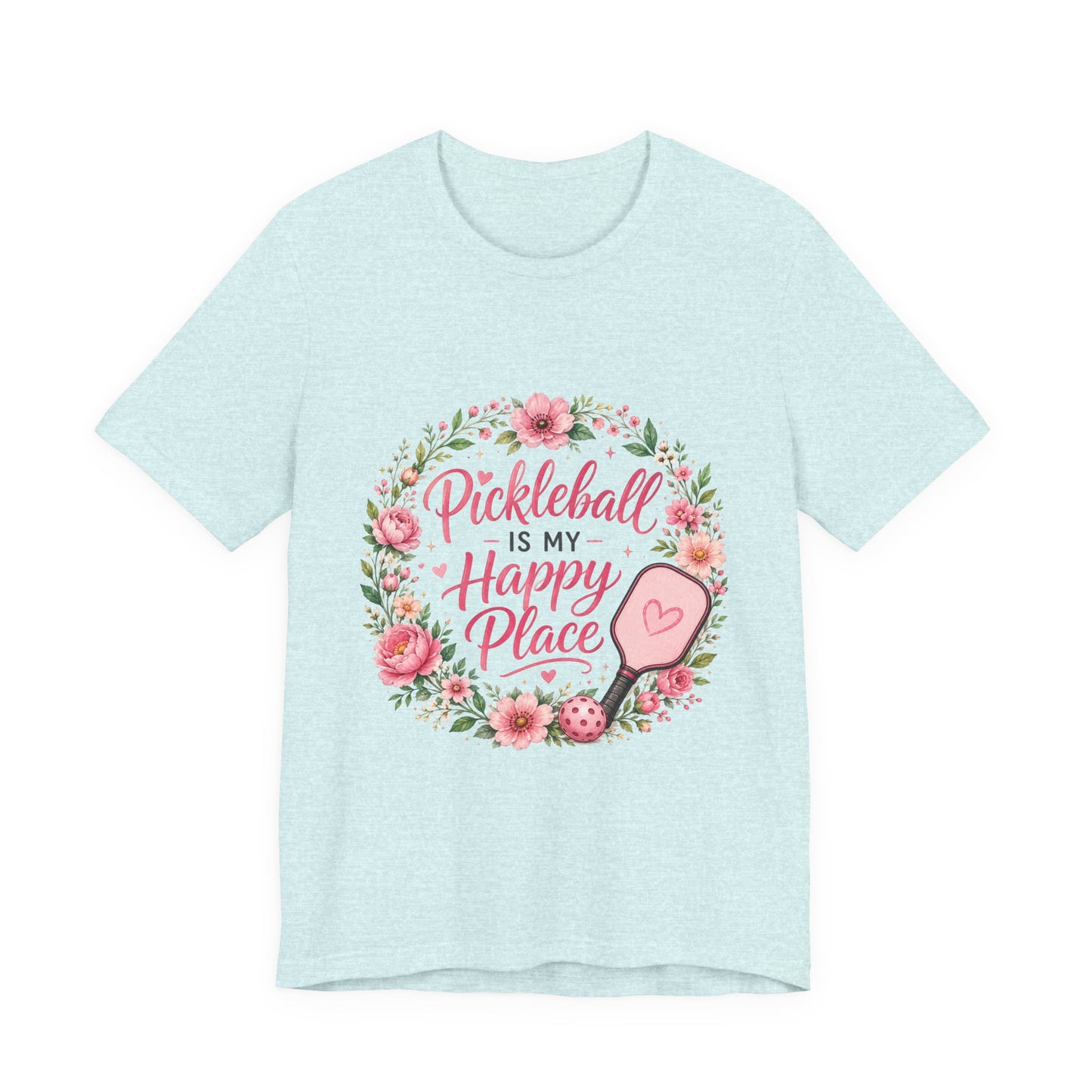 Pickleball Is My Happy Place T-Shirt — Floral Pink Paddle Tee