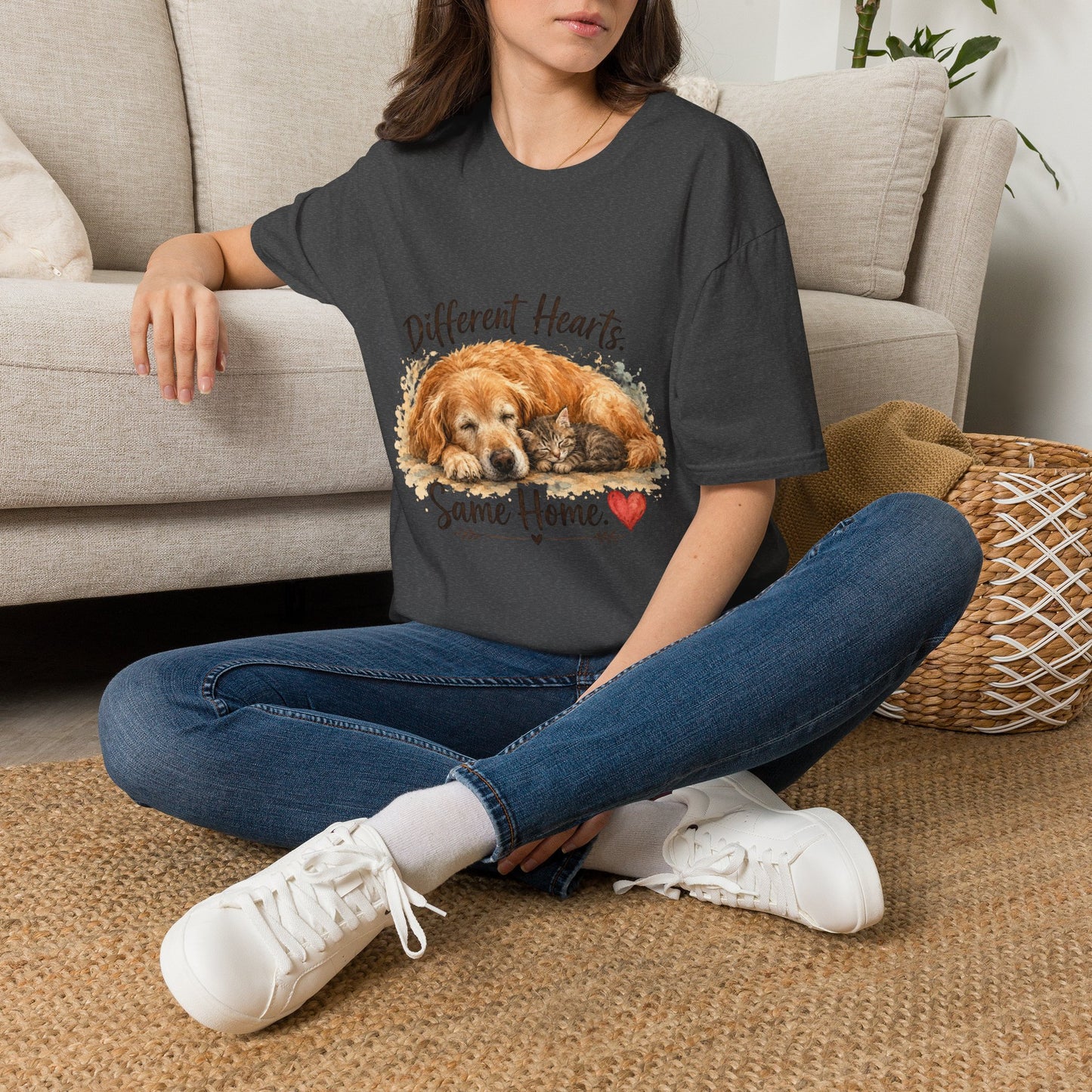 Dog and Cat Rescue T-Shirt – "Different Hearts, Same Home" Cozy Golden Retriever With Kitten Tee