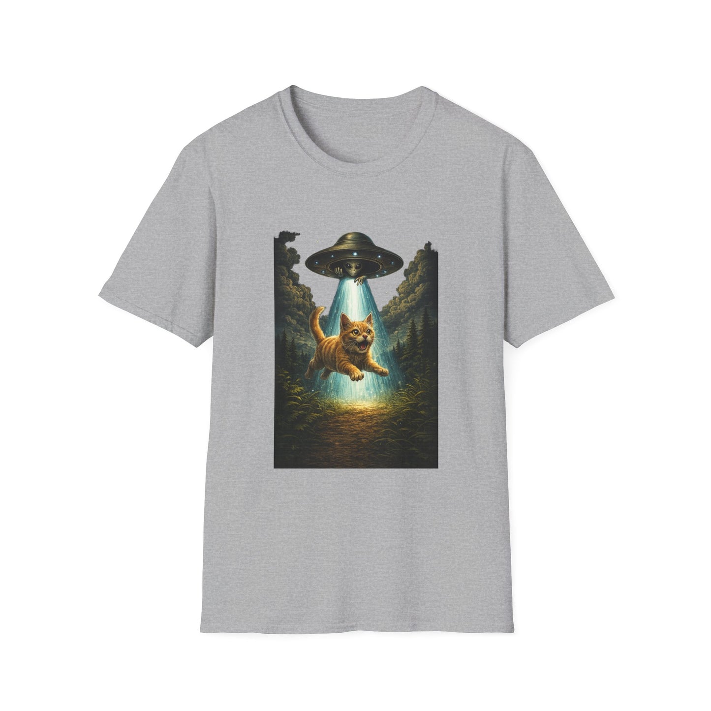 UFO Cat Abduction Funny T-Shirt — "Beam Me Up" Abduction Graphic Tee