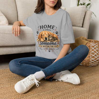 T-Shirt — "Home is where someone is waiting for you with paws" Cute Golden Retriever Dog & Cat Cozy Tee