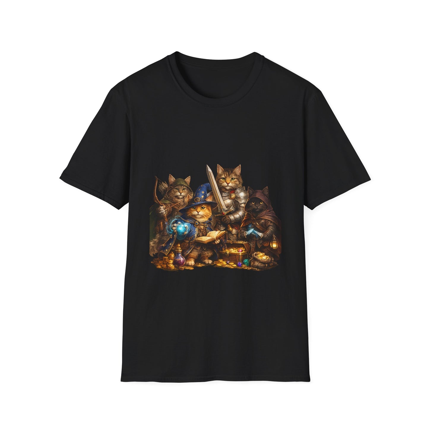 D&D Cats Party Funny Parody T-Shirt — Cute RPG Kitty Wizards & Warriors Tee