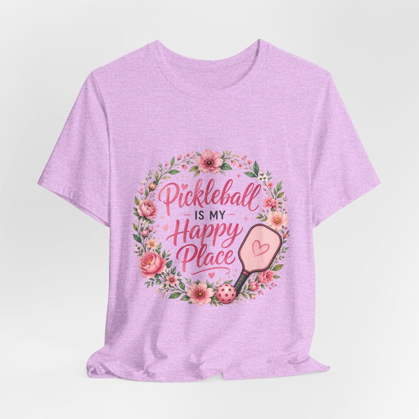 Pickleball Is My Happy Place T-Shirt — Floral Pink Paddle Tee