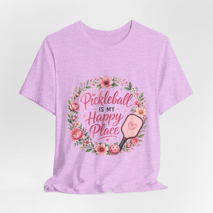 Pickleball Is My Happy Place T-Shirt — Floral Pink Paddle Tee