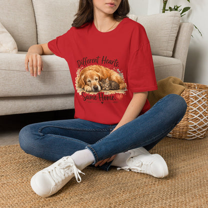 Dog and Cat Rescue T-Shirt – "Different Hearts, Same Home" Cozy Golden Retriever With Kitten Tee
