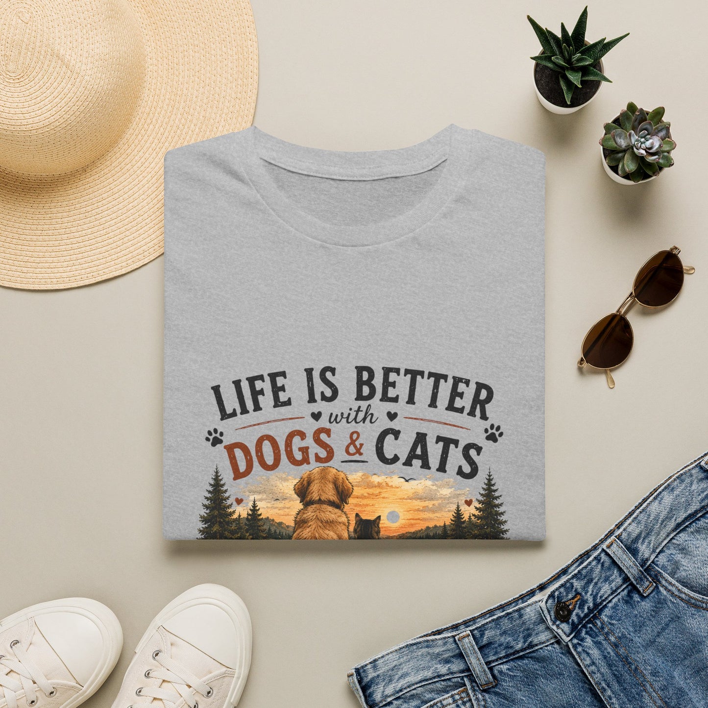 Life Is Better with Dogs & Cats T-Shirt — Pet Lover Sunset Graphic Tee