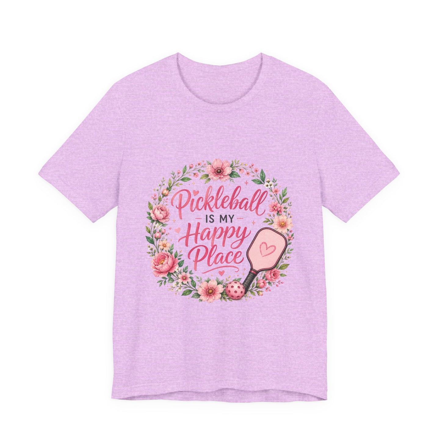 Pickleball Is My Happy Place T-Shirt — Floral Pink Paddle Tee