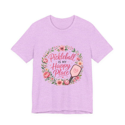 Pickleball Is My Happy Place T-Shirt — Floral Pink Paddle Tee