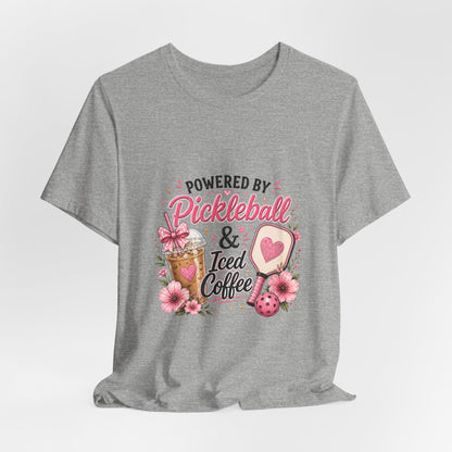 Pickleball & Iced Coffee Tee — 'Powered by Pickleball & Iced Coffee' Graphic Shirt