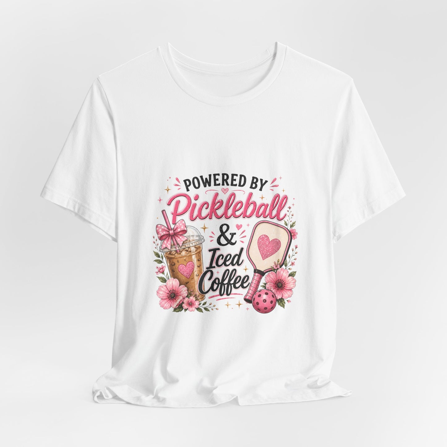 Pickleball & Iced Coffee Tee — 'Powered by Pickleball & Iced Coffee' Graphic Shirt