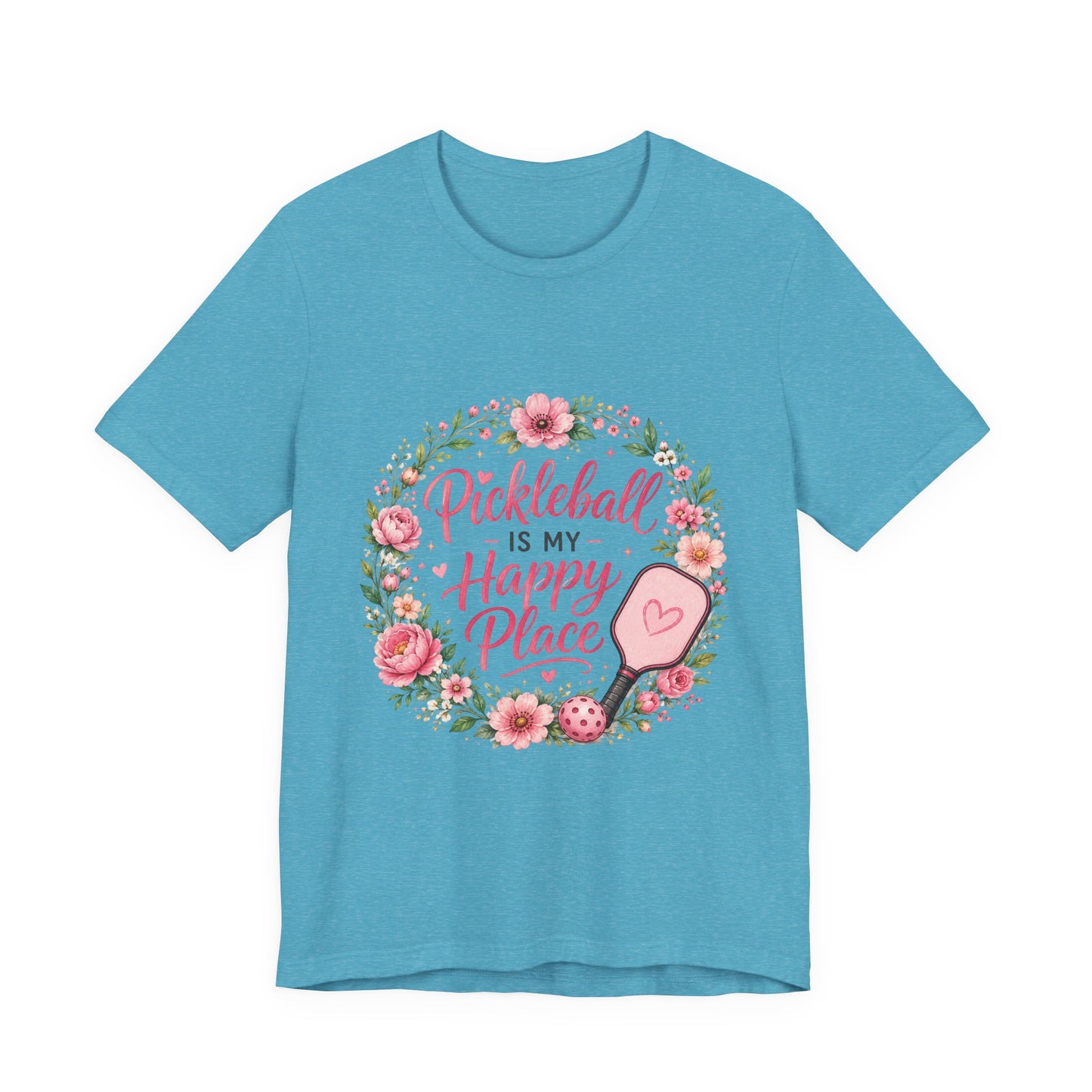 Pickleball Is My Happy Place T-Shirt — Floral Pink Paddle Tee