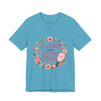 Pickleball Is My Happy Place T-Shirt — Floral Pink Paddle Tee