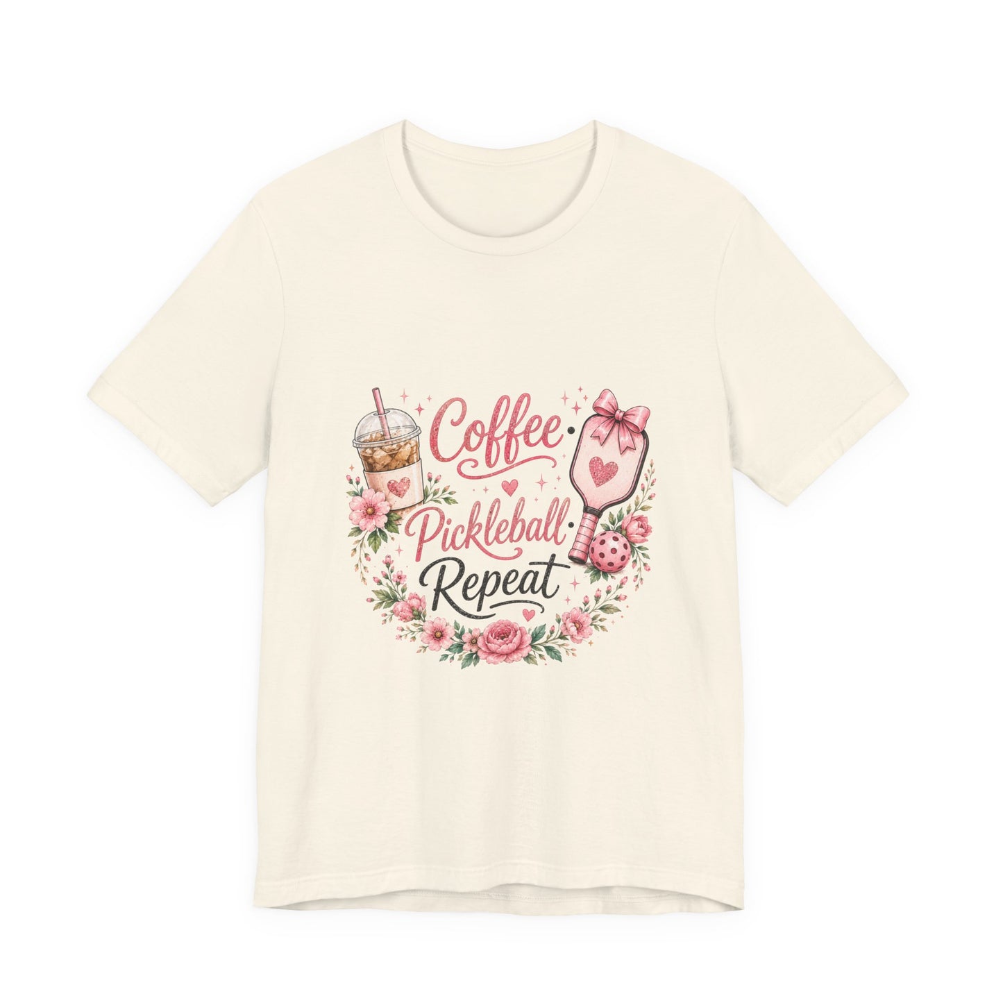 Pickleball Tee — "Coffee, Pickleball, Repeat" Floral Graphic Shirt