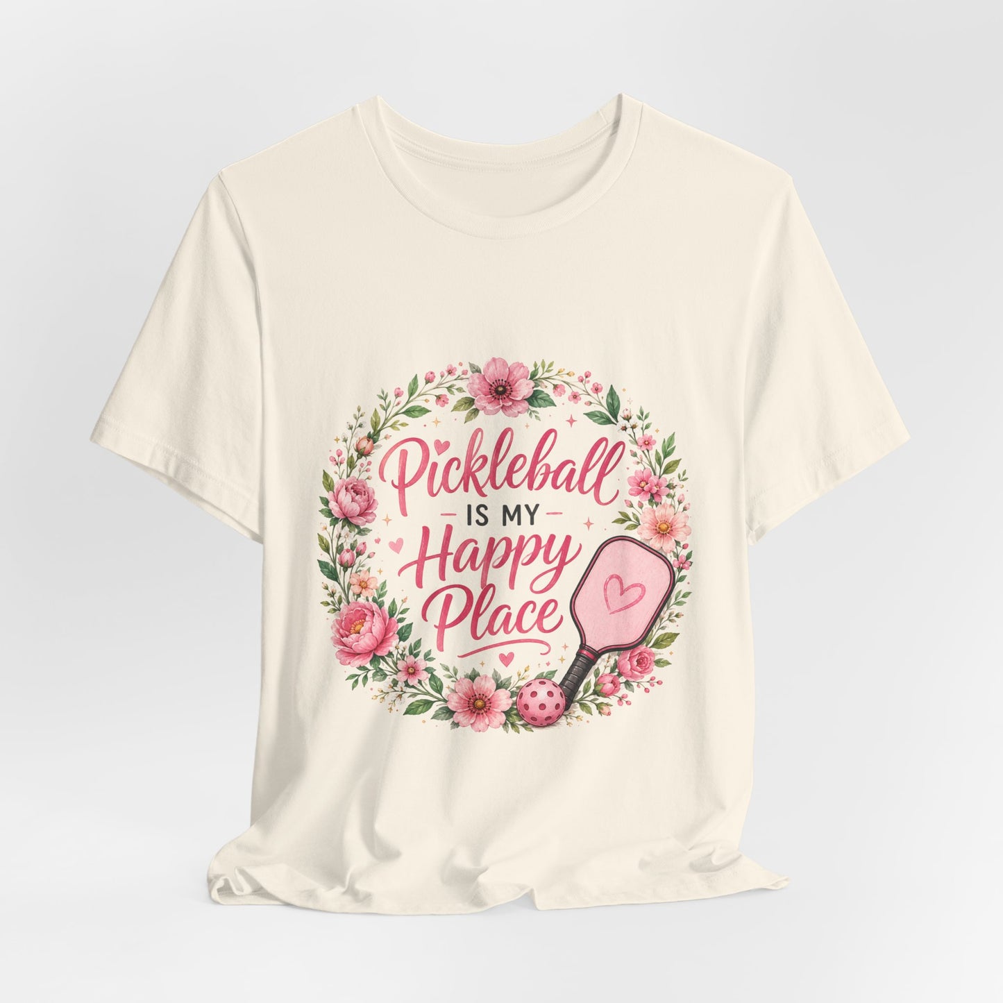 Pickleball Is My Happy Place T-Shirt — Floral Pink Paddle Tee