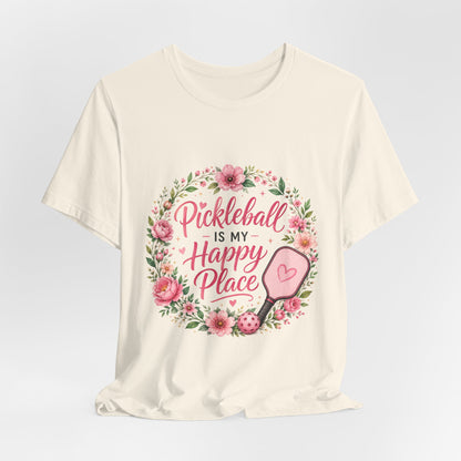 Pickleball Is My Happy Place T-Shirt — Floral Pink Paddle Tee