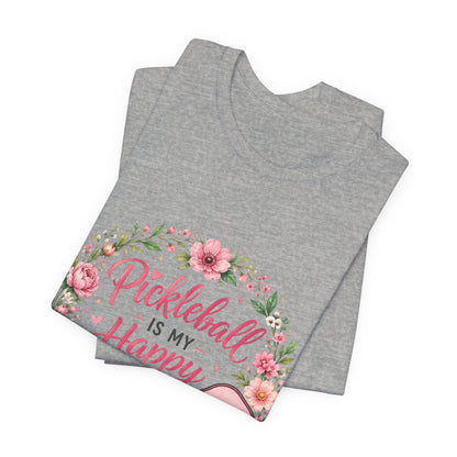 Pickleball Is My Happy Place T-Shirt — Floral Pink Paddle Tee