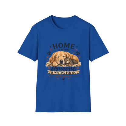 T-Shirt — "Home is where someone is waiting for you with paws" Cute Golden Retriever Dog & Cat Cozy Tee
