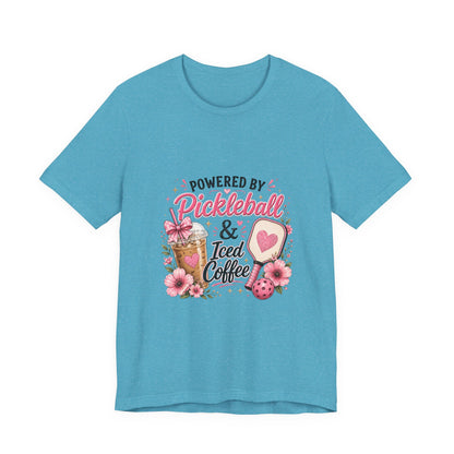 Pickleball & Iced Coffee Tee — 'Powered by Pickleball & Iced Coffee' Graphic Shirt