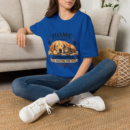 T-Shirt — "Home is where someone is waiting for you with paws" Cute Golden Retriever Dog & Cat Cozy Tee