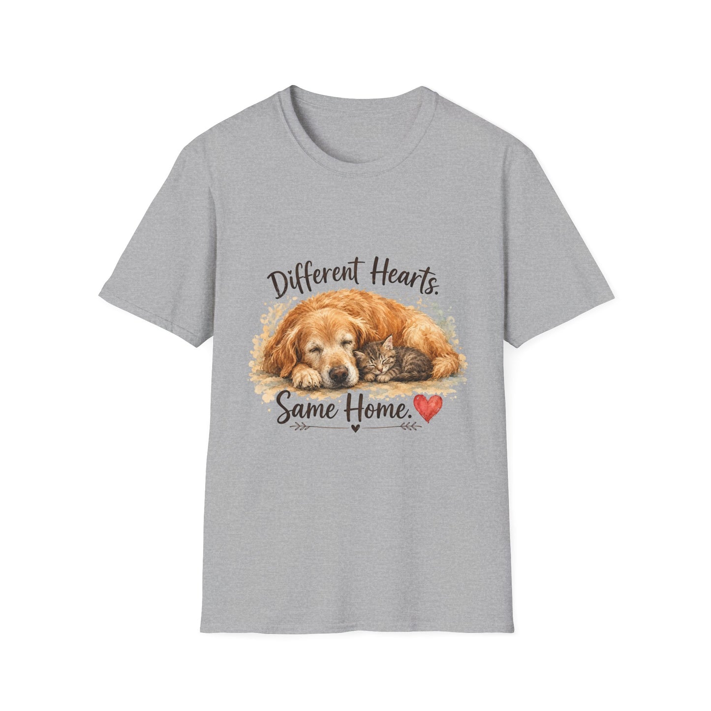 Dog and Cat Rescue T-Shirt – "Different Hearts, Same Home" Cozy Golden Retriever With Kitten Tee