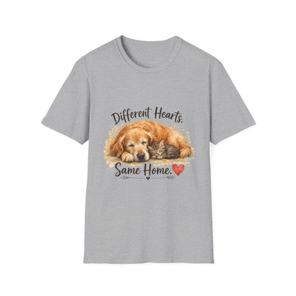 Dog and Cat Rescue T-Shirt – "Different Hearts, Same Home" Cozy Golden Retriever With Kitten Tee