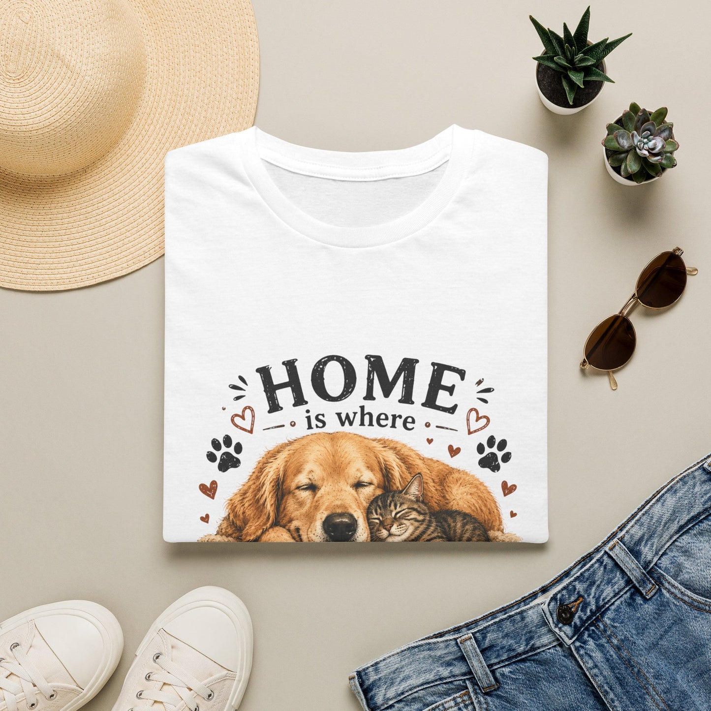 T-Shirt — "Home is where someone is waiting for you with paws" Cute Golden Retriever Dog & Cat Cozy Tee