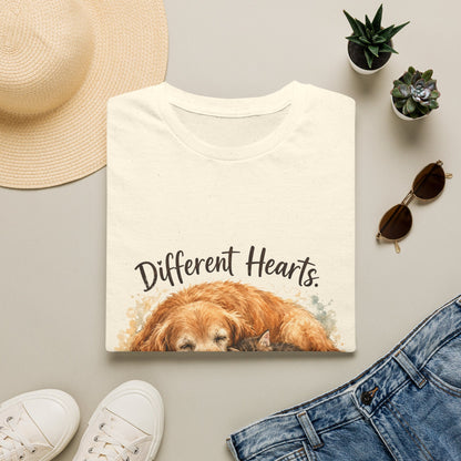 Dog and Cat Rescue T-Shirt – "Different Hearts, Same Home" Cozy Golden Retriever With Kitten Tee