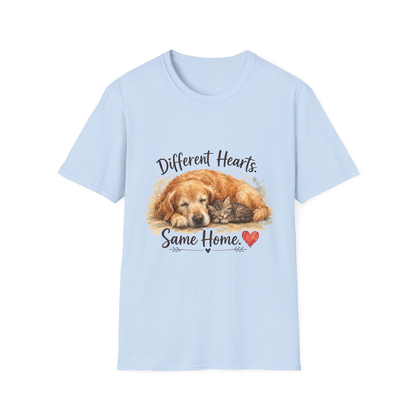Dog and Cat Rescue T-Shirt – "Different Hearts, Same Home" Cozy Golden Retriever With Kitten Tee