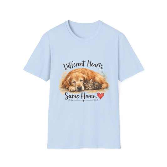 Dog and Cat Rescue T-Shirt – "Different Hearts, Same Home" Cozy Golden Retriever With Kitten Tee