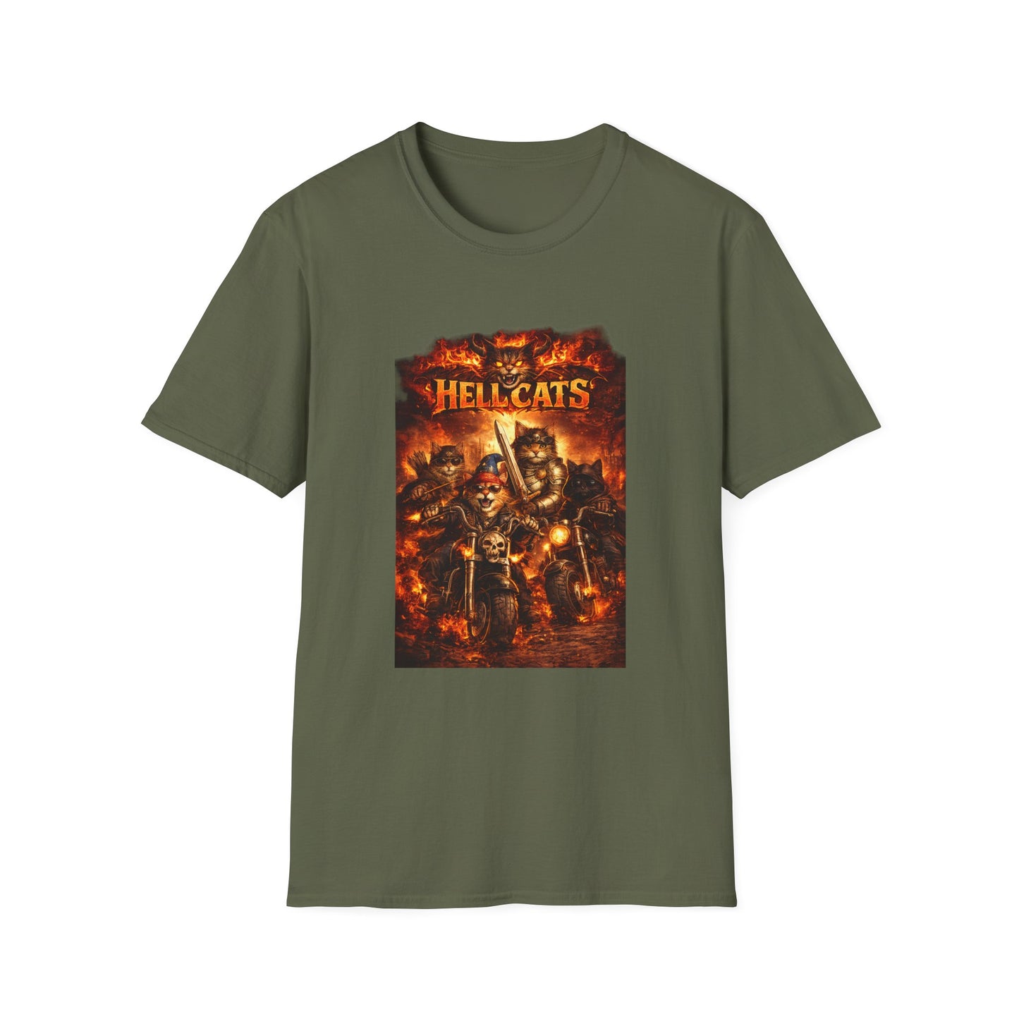 Hellcats Biker Gang Funny Cat T-Shirt — Fiery Demon Cat Band Tee