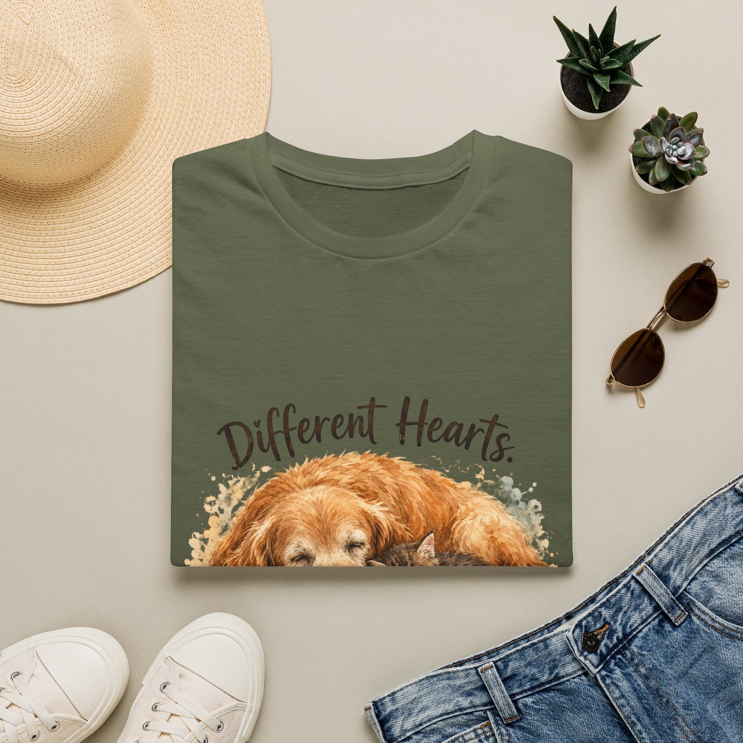 Dog and Cat Rescue T-Shirt – "Different Hearts, Same Home" Cozy Golden Retriever With Kitten Tee