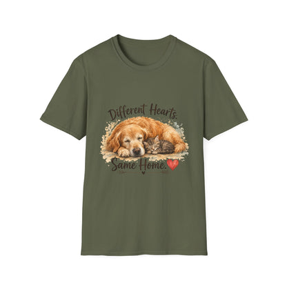 Dog and Cat Rescue T-Shirt – "Different Hearts, Same Home" Cozy Golden Retriever With Kitten Tee