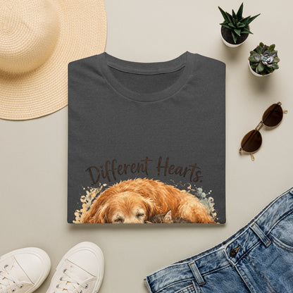 Dog and Cat Rescue T-Shirt – "Different Hearts, Same Home" Cozy Golden Retriever With Kitten Tee