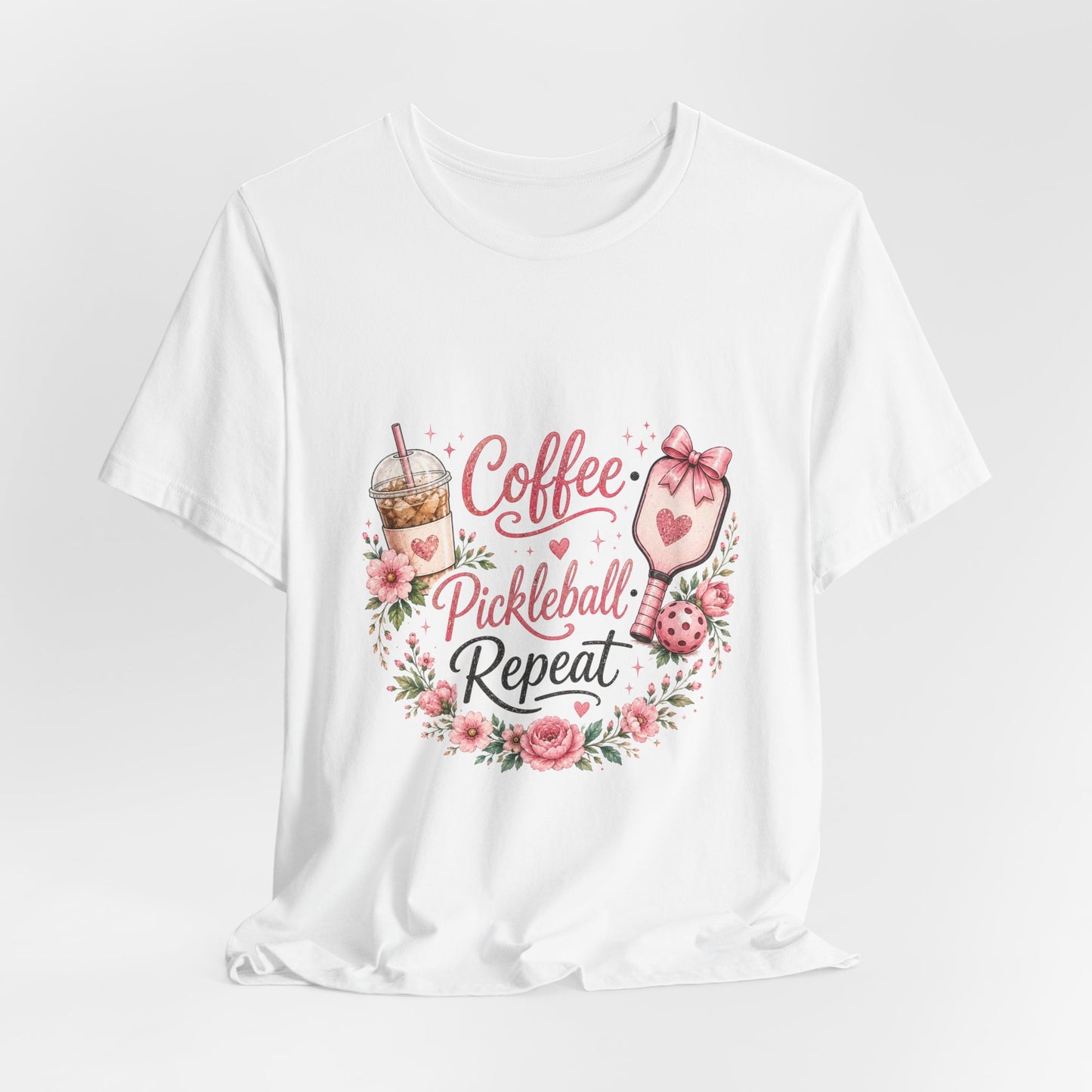 Pickleball Tee — "Coffee, Pickleball, Repeat" Floral Graphic Shirt
