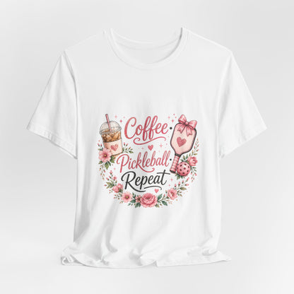 Pickleball Tee — "Coffee, Pickleball, Repeat" Floral Graphic Shirt