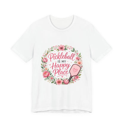 Pickleball Is My Happy Place T-Shirt — Floral Pink Paddle Tee