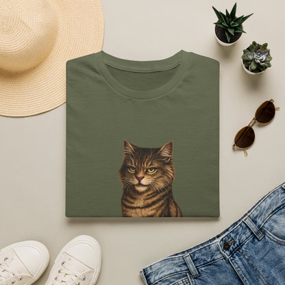 Grumpy Cat Portrait Funny T-Shirt— Realistic Brown Striped Cat Tee for Cat Lovers