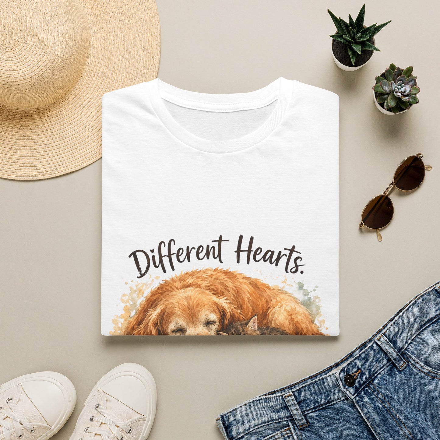 Dog and Cat Rescue T-Shirt – "Different Hearts, Same Home" Cozy Golden Retriever With Kitten Tee