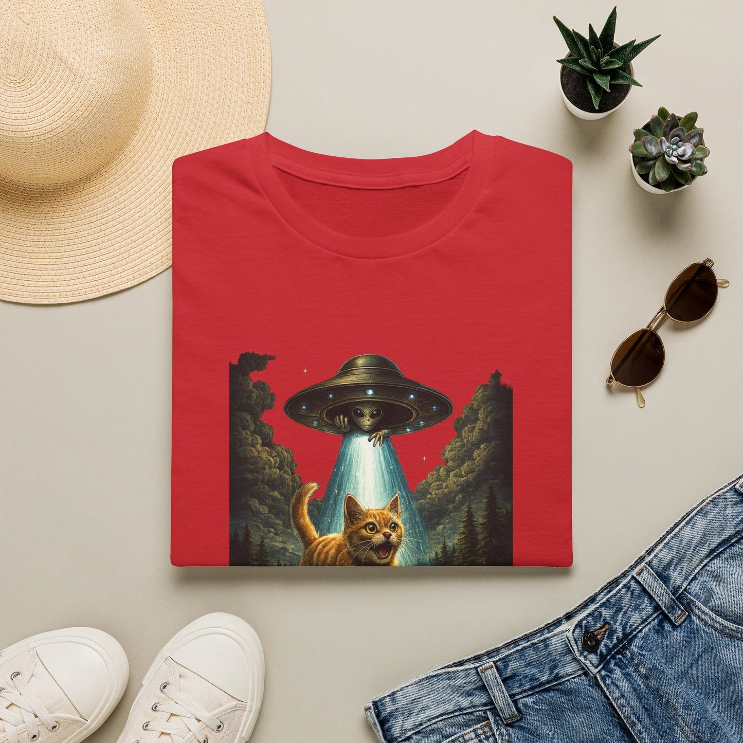 UFO Cat Abduction Funny T-Shirt — "Beam Me Up" Abduction Graphic Tee