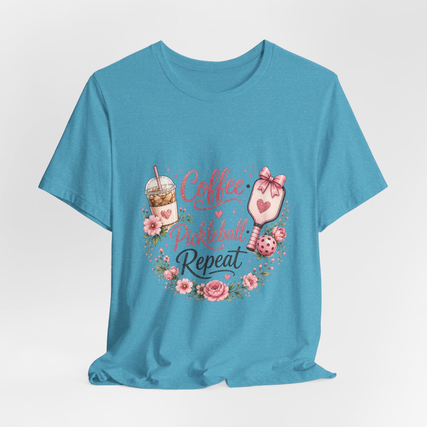 Pickleball Tee — "Coffee, Pickleball, Repeat" Floral Graphic Shirt