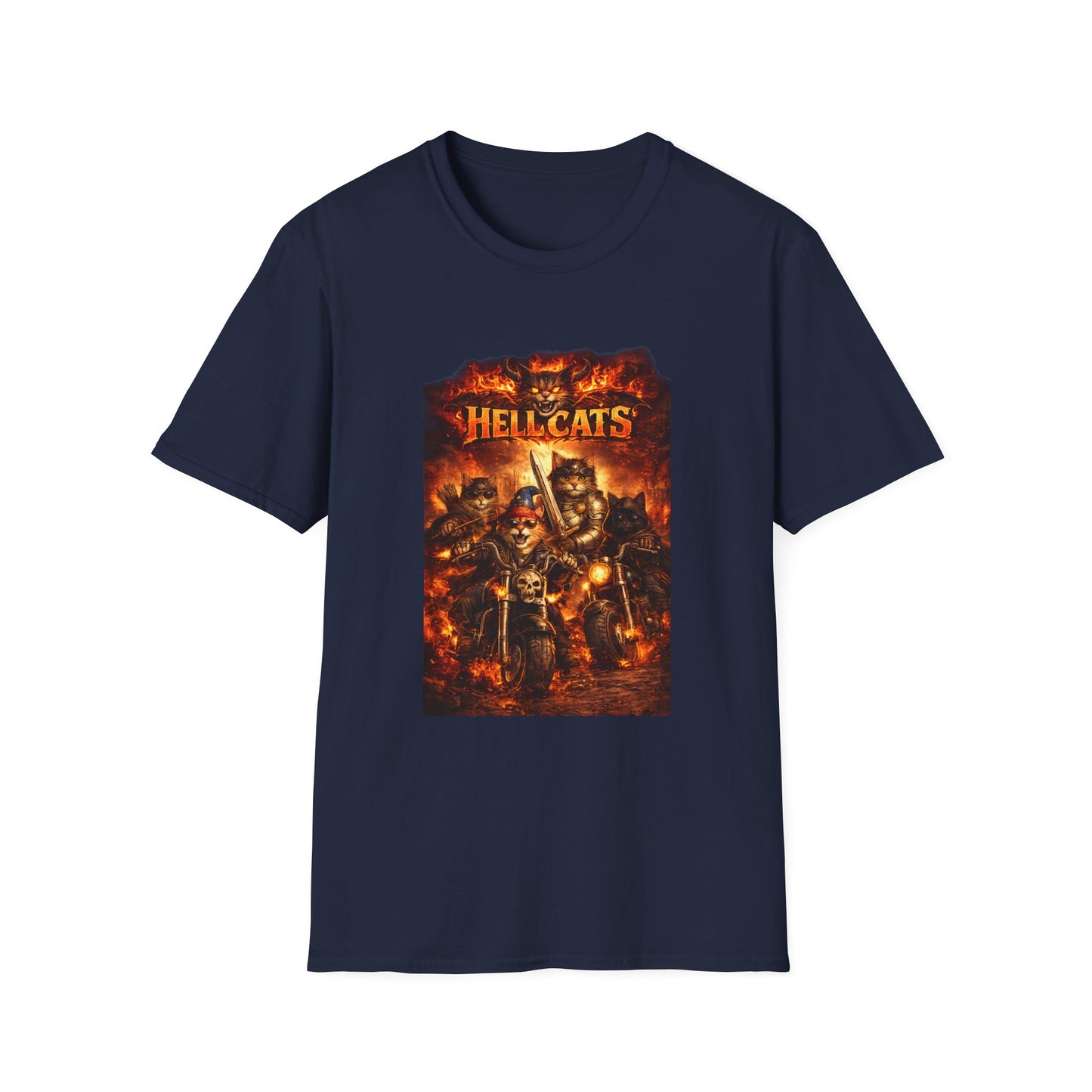 Hellcats Biker Gang Funny Cat T-Shirt — Fiery Demon Cat Band Tee