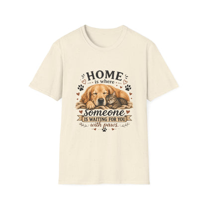 T-Shirt — "Home is where someone is waiting for you with paws" Cute Golden Retriever Dog & Cat Cozy Tee