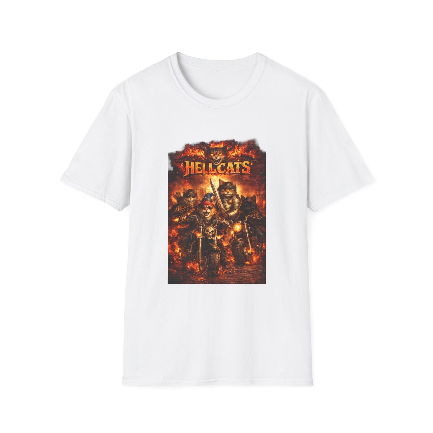 Hellcats Biker Gang Funny Cat T-Shirt — Fiery Demon Cat Band Tee