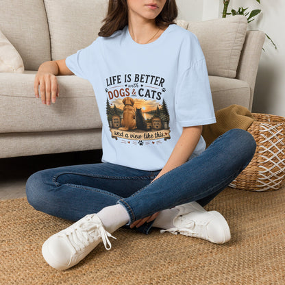 Life Is Better with Dogs & Cats T-Shirt — Pet Lover Sunset Graphic Tee