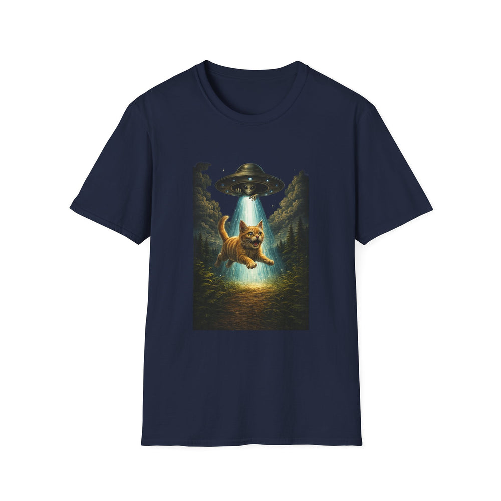 UFO Cat Abduction Funny T-Shirt — "Beam Me Up" Abduction Graphic Tee